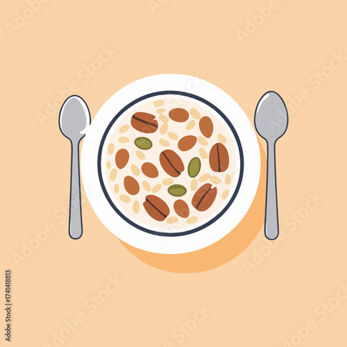 Vector illustration of healthy oatmeal porridge with berries, nuts, and warm steam, top-down flat design, cozy breakfast atmosphere, minimalist solid color style, World Porridge Day concept