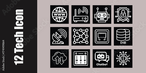 Collection of Twelve Technology Icons Representing Various Aspects of Modern Tech and Digitalization in a Clean and Minimalist Design