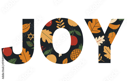 Joy text with autumn leaves and fruits for Sukkot celebration  