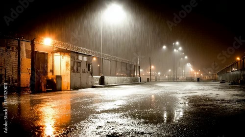 Rainy Night Scene with Wet Street Lights Reflecting on Puddles Near Industrial Warehouse Buildings