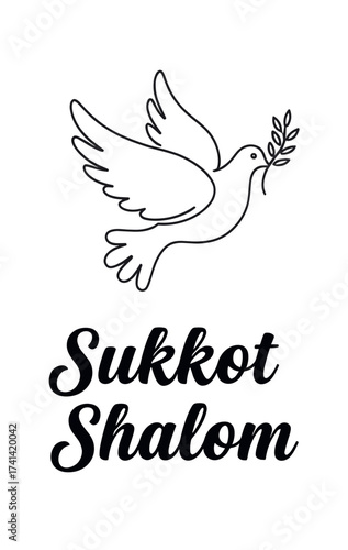 Dove holding olive branch with text "Sukkot Shalom" in line art  