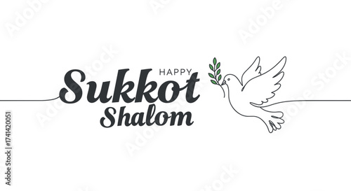 Happy Sukkot Shalom text-based raster art featuring a dove with olive branch  