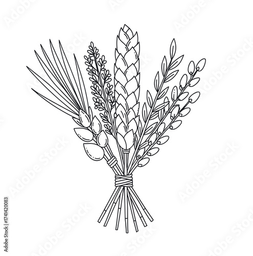 Bundle of wheat and foliage in black and white vector style  