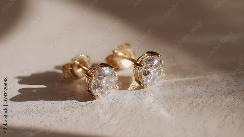 Fototapeta premium Golden stud earrings dazzling with brilliant round cut gemstones