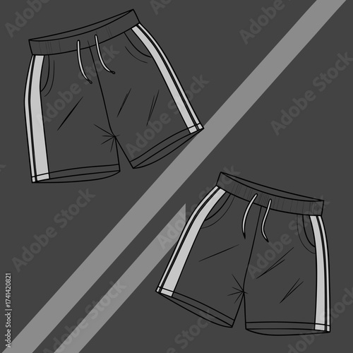 Two pairs of dark gray athletic shorts with white side stripes are diagonally arranged on a dark gray background bisected by a lighter gray stripe. The shorts, featuring drawstrings and pockets, are s