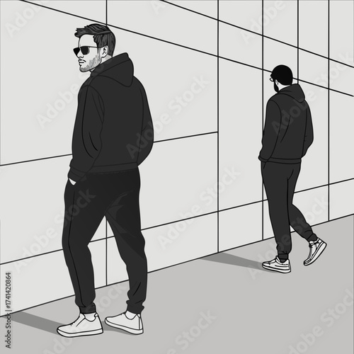 Two figures in dark hoodies and sweatpants stand near a light gray wall with a geometric, rectangular pattern. One figure, wearing sunglasses, faces away from the wall, looking back. The other walks a