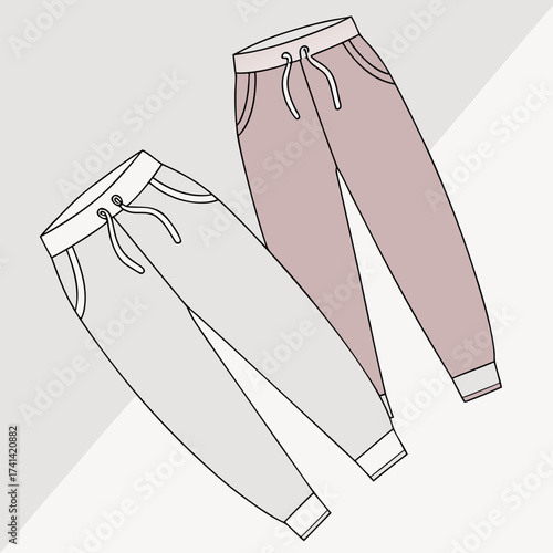 Two pairs of casual sweatpants, one light gray and one muted rose, are angled slightly on a pale beige surface. Both feature drawstring waistbands, side pockets, and cuffed ankles. The light is soft a