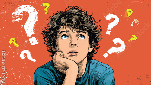 Playful Boy Thinking with Comic Style Question Mark