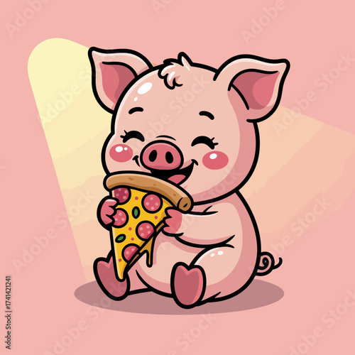 This adorable piglet character happily munches on a large slice of pizza, showcasing its love for tasty food in a cheerful and playful manner. Perfect for food lovers!