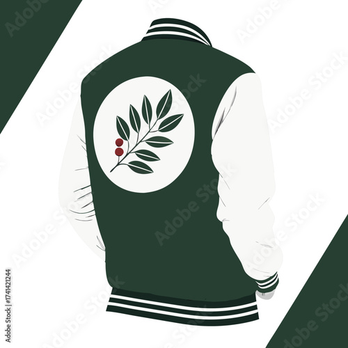 A dark green varsity jacket, back view, dominates the frame, featuring white leather sleeves and striped black and white ribbing at the collar and hem. A white circle on the back displays a green leaf
