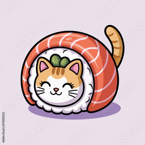 A delightful and adorable illustration of a cat wrapped in sushi, integrating food and fun to create a unique and charming character for playful branding and designs.