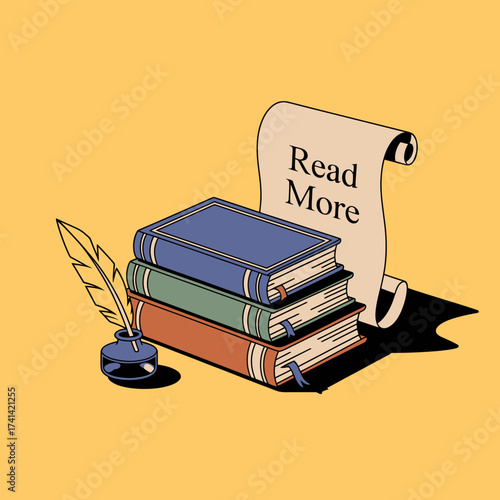This vibrant illustration showcases a stack of classic books alongside a quill and ink, highlighting a love for reading, literature, and the timeless pursuit of knowledge.