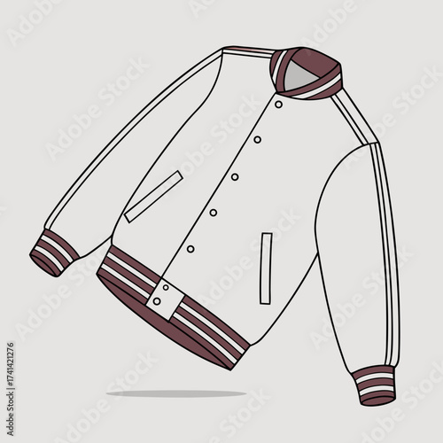 A stylized, off-white varsity jacket floats diagonally against a light gray background, casting a subtle shadow. Maroon accents trim the collar, cuffs, and hem with double stripes. The jacket features