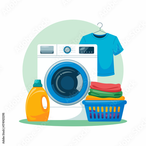 A clean and stylish washing machine loaded with colorful laundry. Tools like detergent and a neat basket accentuate cleanliness and home life in a modern context.