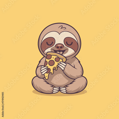 A cartoon sloth blissfully munches on a delicious slice of pizza, conveying a sense of joy and indulgence. The bright colors and cartoonish style make it appealing and fun.