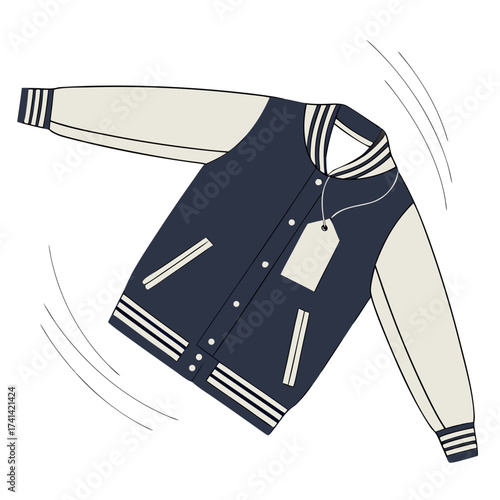 A letterman jacket, predominantly navy with cream sleeves, floats diagonally against a white backdrop, suggesting motion with curved lines. The jacket features striped ribbing at the collar, cuffs, an