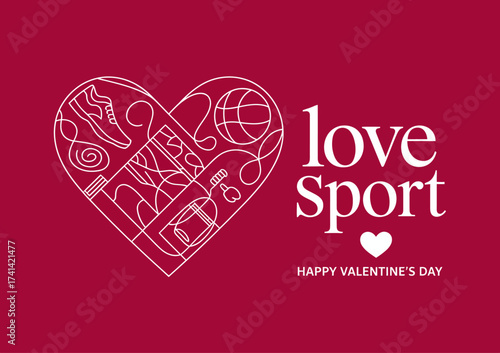 This charming image creatively combines sport elements within a heart shape, celebrating Valentine's Day with a playful twist for sports lovers and romantic enthusiasts.
