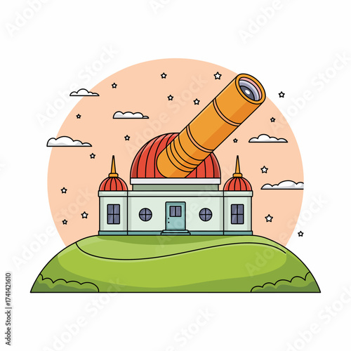 This striking image presents a telescope dome observatory set against a starry sky, symbolizing exploration, curiosity, and the wonders of the universe in a whimsical artistic style.