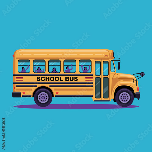 A bright yellow school bus showcasing excited children smiling within, symbolizes joy, education, and adventure, encapsulating the spirit of childhood and community.
