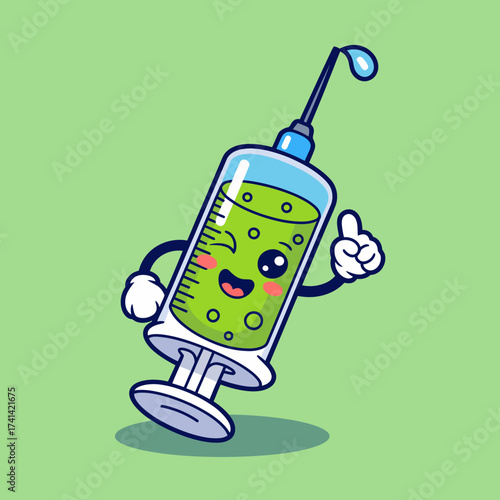 A whimsical and cheerful illustration of a syringe with a friendly smile, promoting positive healthcare and the importance of vaccinations in a fun and engaging manner.
