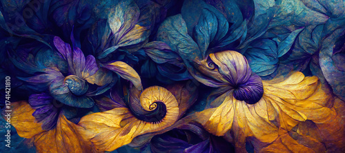 A vibrant abstract artwork featuring bold blue, purple, and gold floral forms with swirling patterns and organic textures, evoking fantasy.