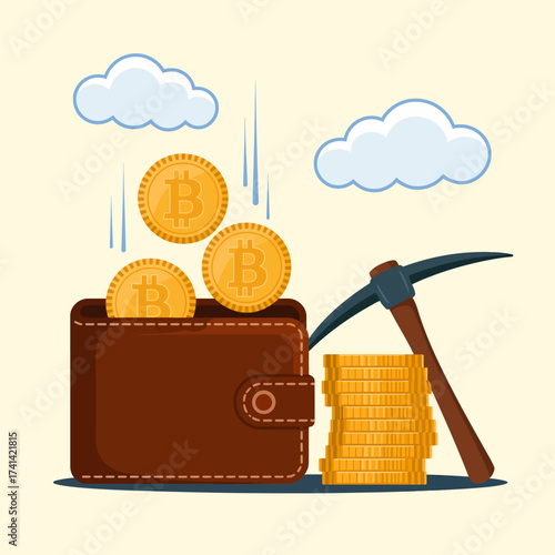 An illustration of a leather wallet filled with Bitcoin coins next to a mining pickaxe, representing cryptocurrency wealth and the digital economy in a modern setting.