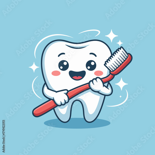 A cheerful cartoon tooth holding a toothbrush, promoting dental hygiene in a playful manner, perfect for children's dental care campaigns or educational materials.