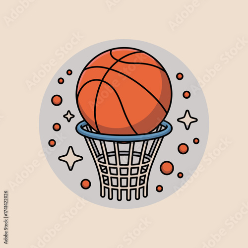 A dynamic illustration of a basketball shooting through a hoop, adorned with whimsical stars and circles, capturing the excitement and joy of sports and athleticism.