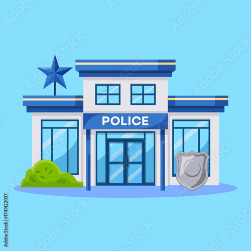 A colorful and cartoonish representation of a police station, showcasing community safety with charm and approachability suitable for educational materials.