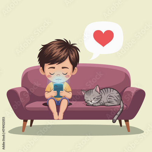 A young boy is sitting comfortably on a couch, focused on his smartphone, while a cat naps nearby, creating a cozy and serene atmosphere ideal for relaxation and connection.
