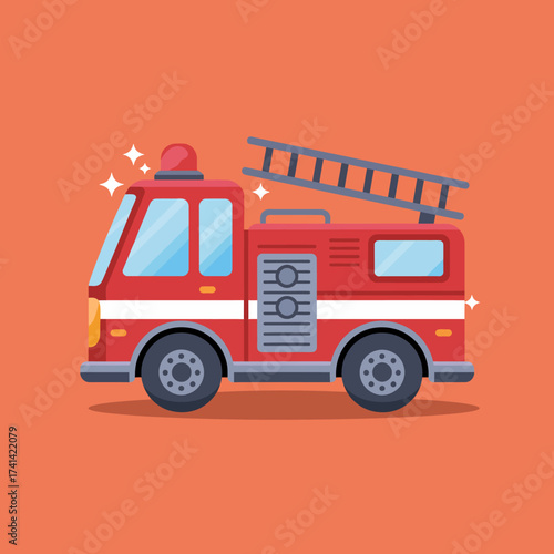 This vibrant fire truck illustration showcases a ladder, siren lights, and a bright red color, highlighting the importance of firefighting and emergency services.