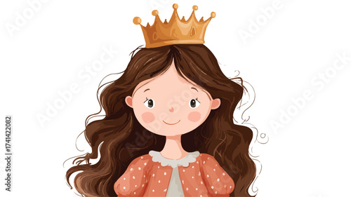 Enchanting Princess Girl Character with Elegant Royal Crown Cartoon Illustration