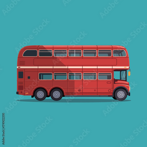 This image features a classic red double-decker bus, symbolizing UK transport culture, set against a minimalistic turquoise background that enhances its vibrant colors and appeal.