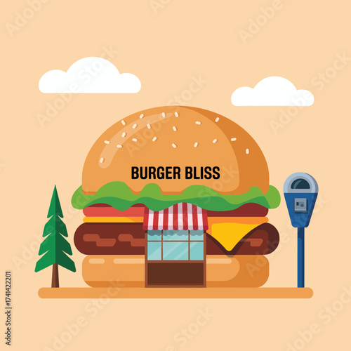 A fun and imaginative illustration depicts a hamburger styled as a shop front, with playful elements and colors that capture the joy of indulging in delicious food.