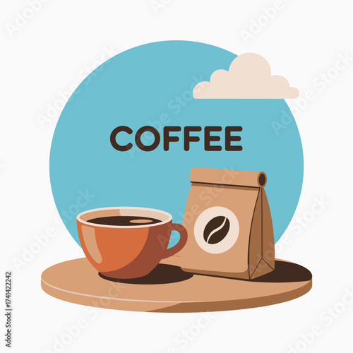 This charming illustration showcases a cup of coffee with a bag, representing warmth and energy, ideal for brands in the coffee sector or cafes looking for engaging visuals.