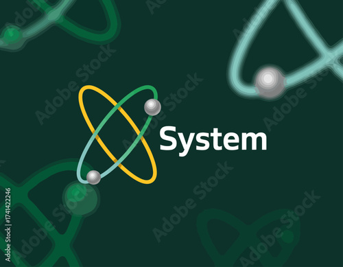 This graphic design features an abstract representation of a system with atom-like shapes, illustrating the interconnectedness and complexity of scientific concepts.