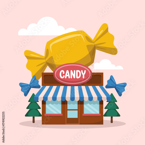This whimsical candy store exudes charm and cheerfulness with its colorful candies, inviting storefront, and playful elements, making it a perfect visual treat for all ages.