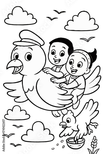 Happy children on a giant bird, flying high over the clouds with other birds, a whimsical coloring page.

