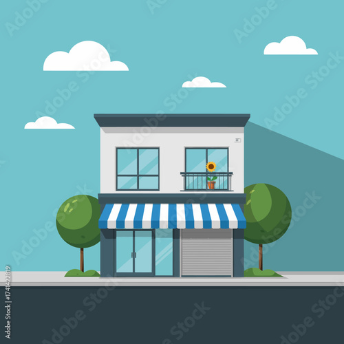 This illustration captures a minimalistic shopfront set against a blue sky, representing modern retail and community-centric designs in contemporary architecture.