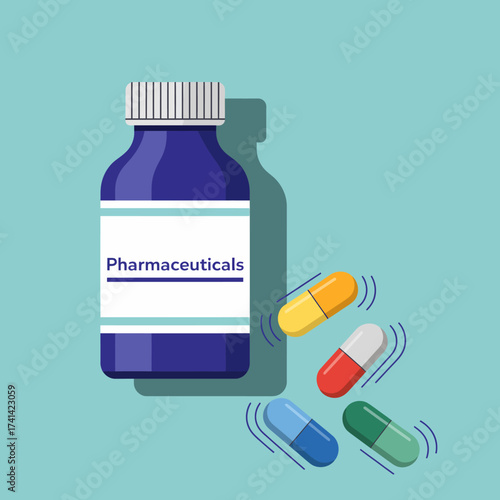 A visually appealing illustration of a pharmaceuticals bottle with vibrant pills scattered around, representing health, wellness, and medication concept in an artistic way.