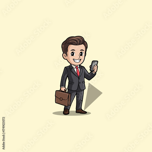 A cheerful businessman character in a suit holding a smartphone, representing professionalism and modern business culture, ideal for corporate branding and entrepreneurial ventures.