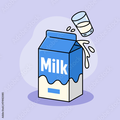 This playful illustration features a carton of milk with a splash and a glass above, capturing the freshness and joy associated with dairy products and drinking milk.