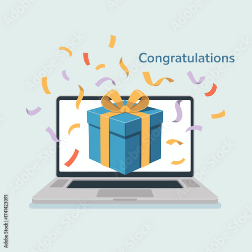A vibrant image of a gift box emerging from a laptop screen, surrounded by confetti, creating a festive mood perfect for online celebrations, giveaways, and virtual events.