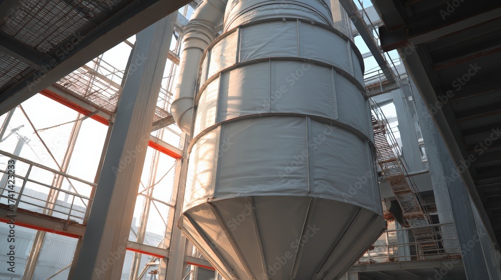 Obraz premium Industrial facility interior featuring large silos and modern equipment