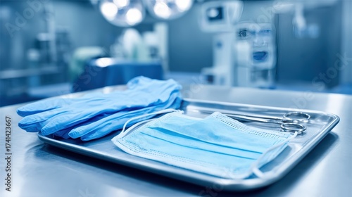 Surgical equipment and blue medical supplies on a tray in an operating room setting