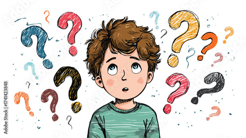 Sweet Boy with Question Marks Around His Head - Curious Child Looking at Car