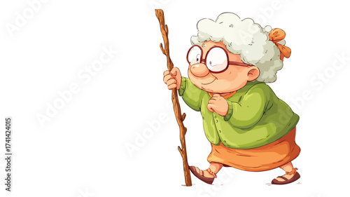 Sweet Grandma Strolling with Stick Cartoon Vector Illustration