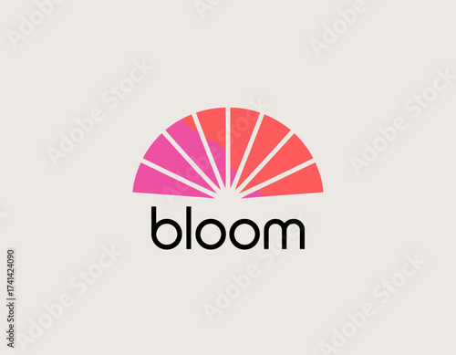 This vibrant logo features a half-sun rising, symbolizing new beginnings and growth, visually appealing for a brand named Bloom, emphasizing warmth and positivity.