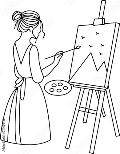 Female Artist Painting on Easel Line Drawing