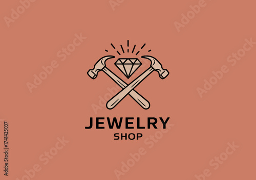 This captivating jewelry shop logo features crossed hammers and a diamond, symbolizing craftsmanship, luxury, and the art of creating beautiful adornments for individuals.